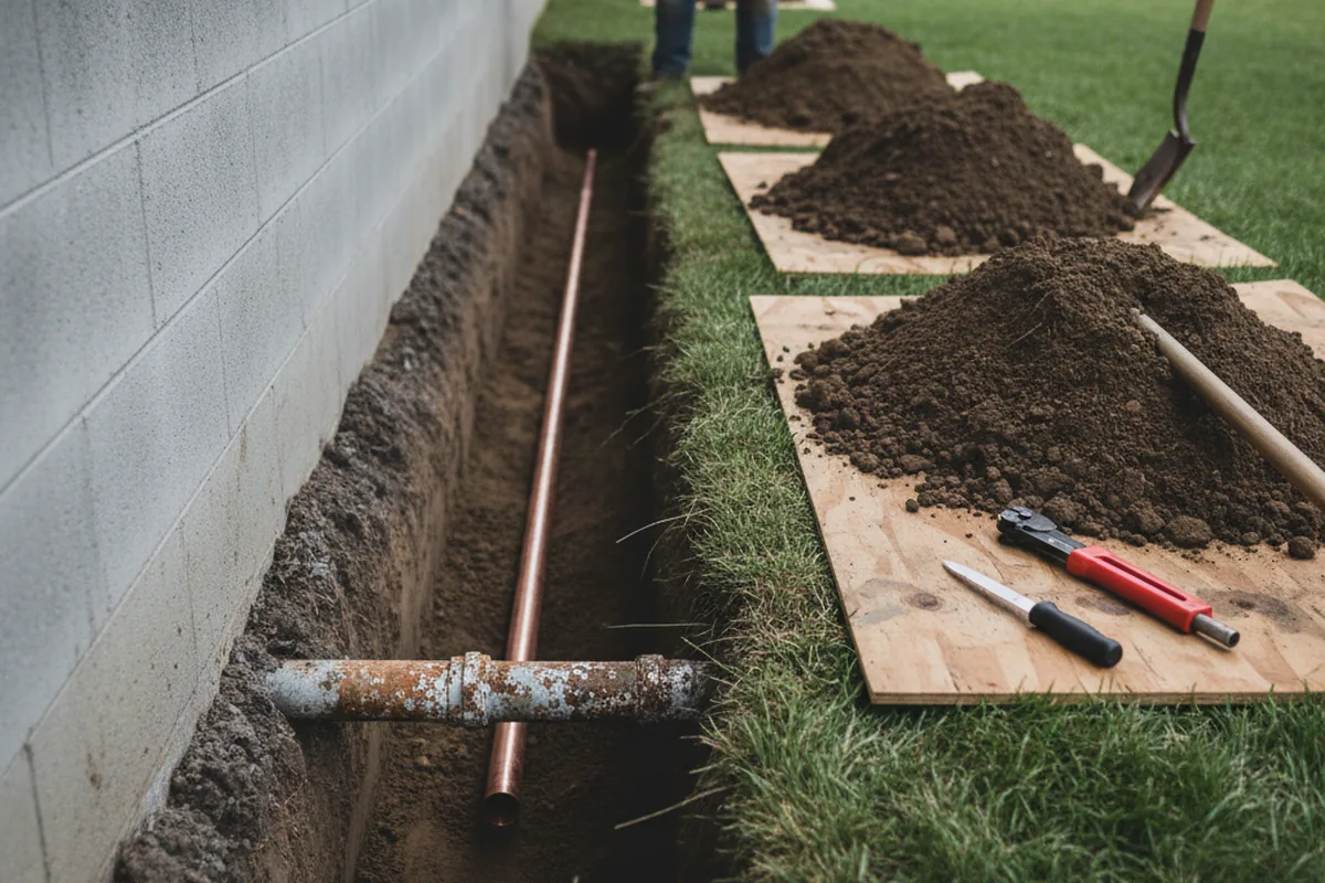 Excavated water line trench during Water Softener Installation in Wells Bridge